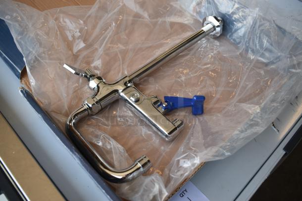 Chrome beer tap handle with blue lever, new in packaging, includes mounting hardware.