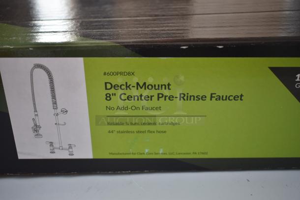 Deck-Mount 8" Center Pre-Rinse Faucet with 44" stainless steel flex hose, ceramic cartridges, from Clark Core Services.