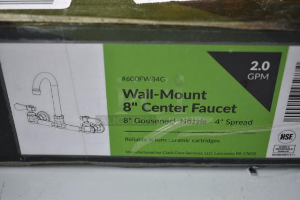 Wall-mount 8" center faucet box; 8" gooseneck nozzle, 4" spread, 2.0 GPM, NSF certified, new condition.