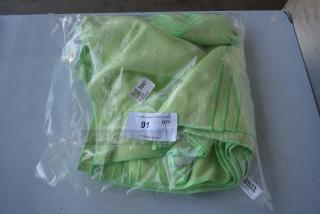 Pack of green microfiber towels in a sealed plastic bag. Tag reads "T047" and "91 QTY 1". Brand: Lavex.