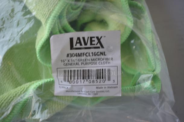 Lavex 16"x16" green microfiber cloth, general purpose, new, 12-pack, made in Vietnam, in packaging with label.