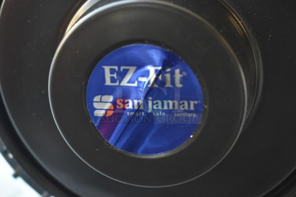 San Jamar EZ-Fit dispenser cap, blue label with branding "smart, safe, sanitary," in good condition.