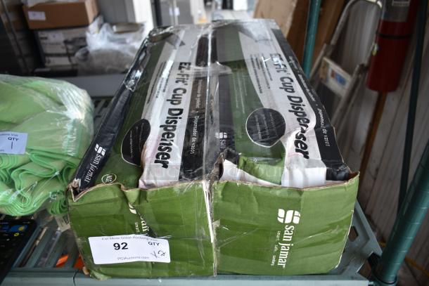 San Jamar E-Z Fit Cup Dispenser in original packaging, showing wear and tear. Auction label: Lot 92, Qty 1.