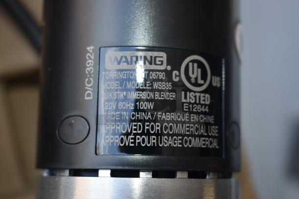 Waring WSB35 Quik Stik Immersion Blender label, 120V 100W, commercial use approved, UL listed, made in China.