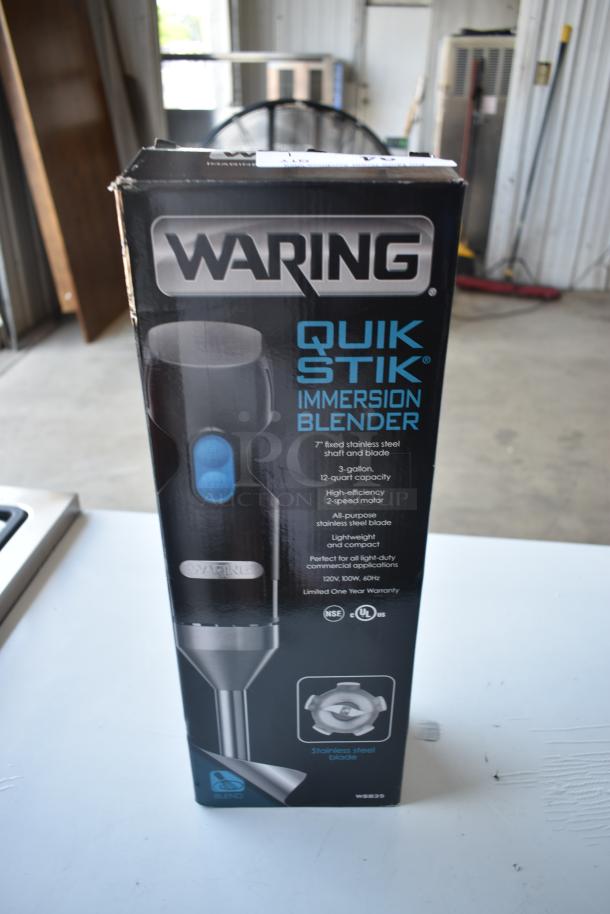 Waring Quik Stik immersion blender in box, 7" stainless steel shaft, 2-speed motor, 12-quart capacity, new condition.