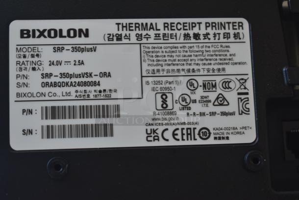 Bixolon thermal receipt printer model SRP-350plusV label, showing ratings, model, serial number, and compliance marks.