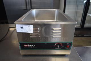Winco food cooker/warmer with heat control dial, stainless steel, model shown with auction tag 98. Good condition.