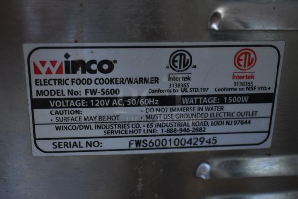 Winco electric food cooker/warmer, model FW-S600, 120V AC, 1500W, certified by Intertek, warning: hot surface, serial FWS60010042945.
