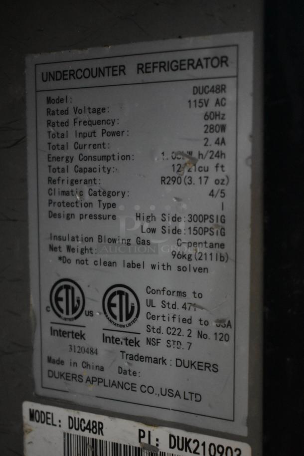 Label of undercounter refrigerator Dukers DUC48R. Specs: 115V AC, 60Hz, 280W, 12.1 cu ft, R290 refrigerant.