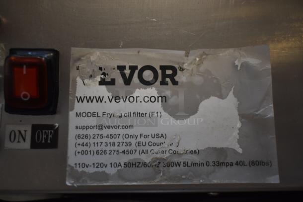 Vevor frying oil filter with ON/OFF switch, model F1. Visible specifications: 110v-120v, 10A, 50/60Hz, 300W, 5L/min, 40L capacity.