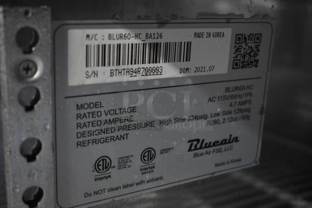 BluCair refrigeration unit label showing model BLUR60-HC, 115V, 4.7A, R290 refrigerant. Made in Korea, 2021.