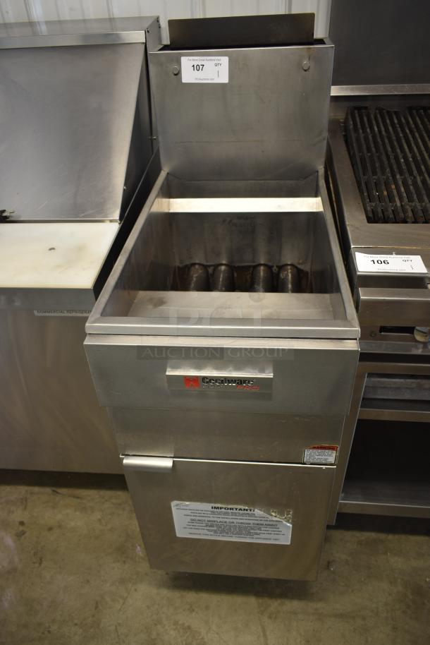 Stainless steel Cecilware Pro fryer with heating elements, model label visible. In good condition. Auction tag 107.