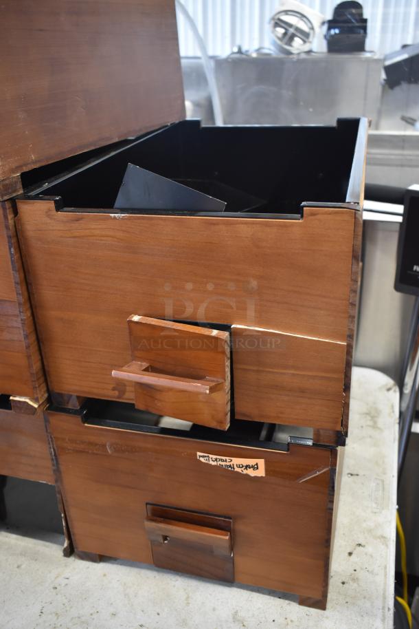 Wooden vintage card catalog drawers, two-tiered, open and in used condition. "Parts not included" label visible.