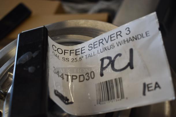 Coffee server with handle, 25.5" tall, stainless steel, Luxus brand, tag states model 344TPD30, new condition.
