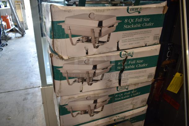 Stacked boxes of 8 Qt. full-size stackable chafers by Choice. Boxes show wear. Includes food pan, water pan, and lid.