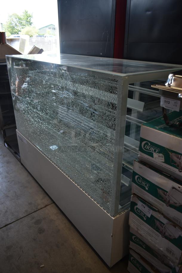 Glass display case with cracked front panel, metal frame, and adjustable shelves. Lot tag indicates item number 113.