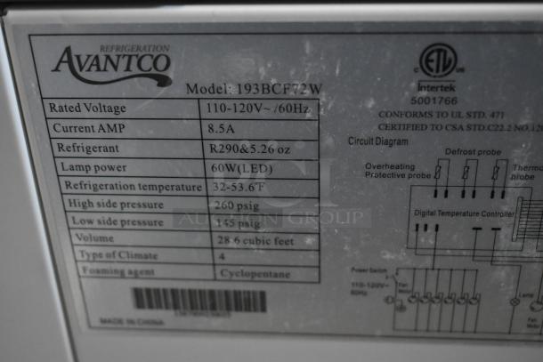 Avanco refrigerator label showing Model 193BCF72W, 110-120V, 8.5A, R290 refrigerant, 60W LED lamp, 28.6 cu ft.