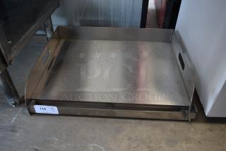Metal tray with raised sides, handles, and scuffs, showing auction tag "116 QTY 1" for identification.