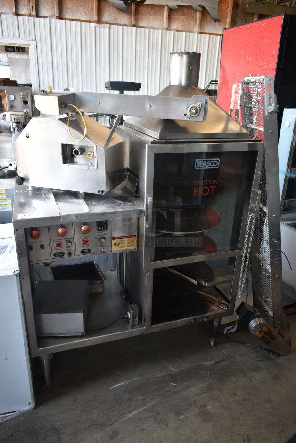 Commercial tortilla machine by BE&SCO. Stainless steel, visible control panel, "Caution Hot" warning, used condition.