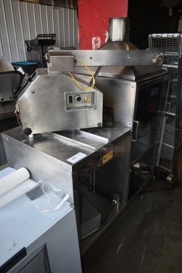 Commercial dough divider, stainless steel, Belshaw brand, model 117. Features controls for operation, "Caution Hot" label.