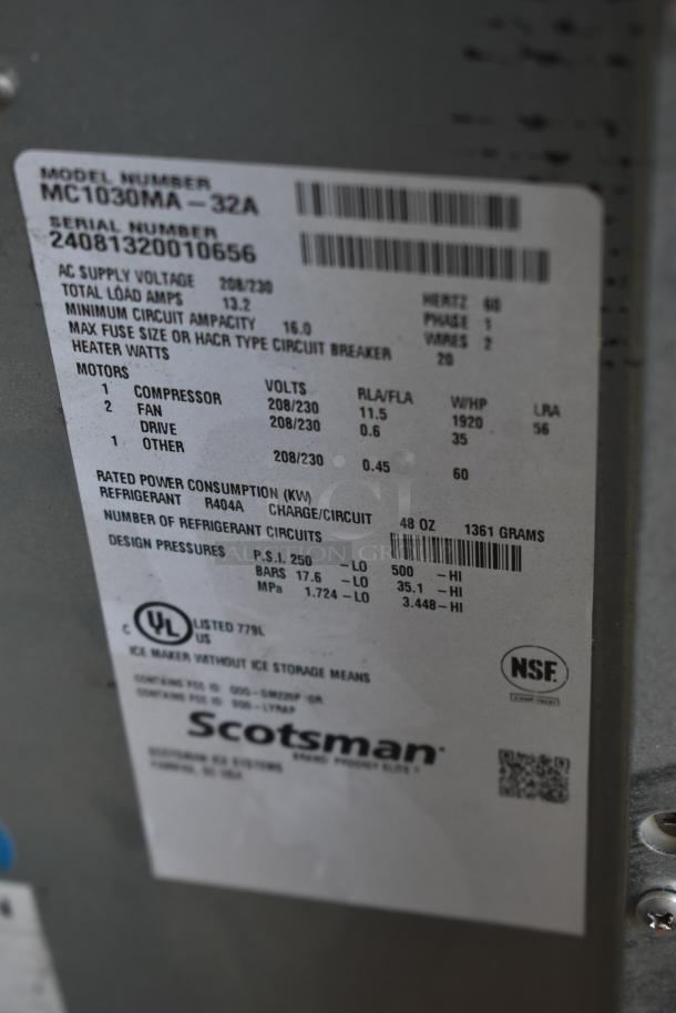 Scotsman ice maker model MC1030MA-32A label, UL and NSF certified. Voltage: 208/230, refrigerant: R404A.