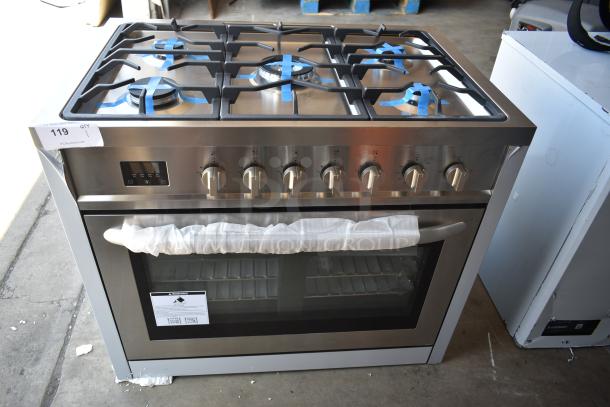 Stainless steel six-burner gas range oven with protective wrapping, tagged with auction number 119.