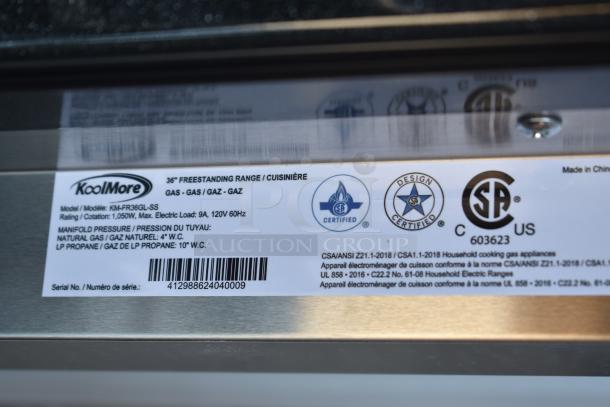 KoolMore 36" Freestanding Range label displays model KM-FR36GL-SS, 1,050W rating, and certifications for gas/propane use.