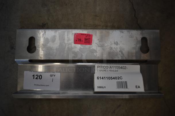 Pitco A1105402-C basket hanger, stainless steel with mounting slots. Includes label with part number 6141105402C and auction tag.