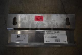 Pitco A1105402-C basket hanger, stainless steel with mounting slots. Includes label with part number 6141105402C and auction tag.