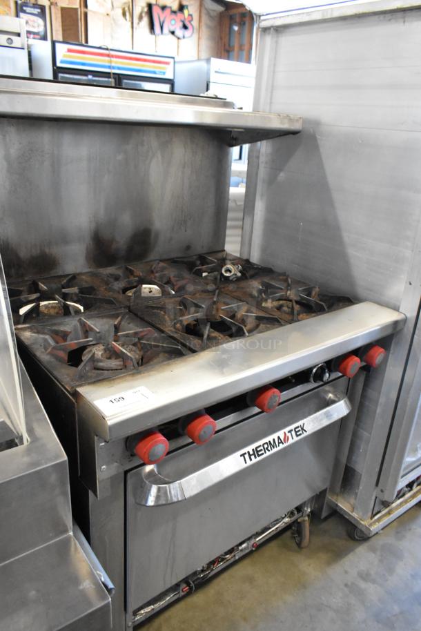 Thermatek Stainless Steel Commercial Gas Powered 6 Burner Range w/ Oven, Over Shelf and Back Splash on Commercial Casters. - Image 2 of 9