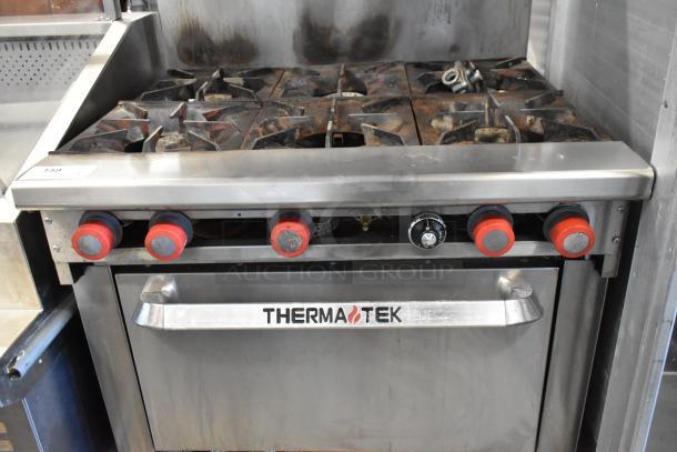 Thermatek Stainless Steel Commercial Gas Powered 6 Burner Range w/ Oven, Over Shelf and Back Splash on Commercial Casters. - Image 4 of 9