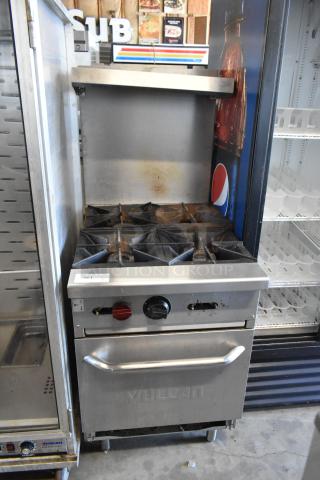 Vulcan SX24 Stainless Steel Commercial Natural Gas Powered 4 Burner Range w/ Oven, Over Shelf and Back Splash.