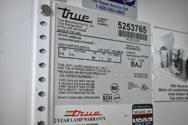 True GDM-33 Metal Commercial 2 Door Reach In Cooler Merchandiser w/ Poly Coated Racks. 115 Volts, 1 Phase. - Image 6 of 6