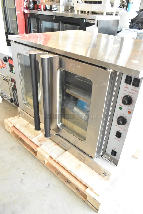 BRAND NEW SCRATCH AND DENT! Cooking Performance Group CPG 351FEC100C Stainless Steel Single Deck Standard Depth Full Size Electric Convection Oven w/ View Through Doors, Metal Racks, Thermostatic Controls and Metal Legs. 208 Volts, 3 Phase. - Image 1 of 8