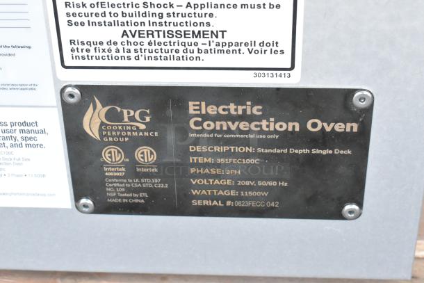 BRAND NEW SCRATCH AND DENT! Cooking Performance Group CPG 351FEC100C Stainless Steel Single Deck Standard Depth Full Size Electric Convection Oven w/ View Through Doors, Metal Racks, Thermostatic Controls and Metal Legs. 208 Volts, 3 Phase. - Image 8 of 8