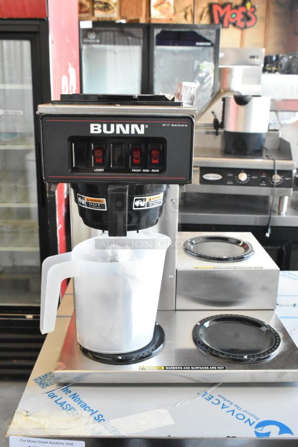 BRAND NEW SCRATCH AND DENT! 2023 Bunn VP17-3 Stainless Steel Low Profile Pourover Coffee Brewer with 3 Warmers. 120 Volts, 1 Phase. - Image 1 of 10