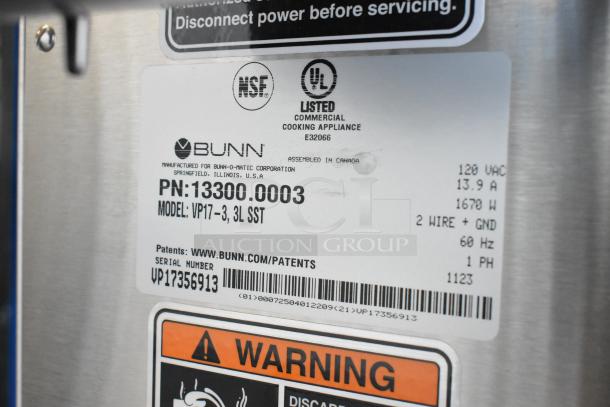 BRAND NEW SCRATCH AND DENT! 2023 Bunn VP17-3 Stainless Steel Low Profile Pourover Coffee Brewer with 3 Warmers. 120 Volts, 1 Phase. - Image 10 of 10