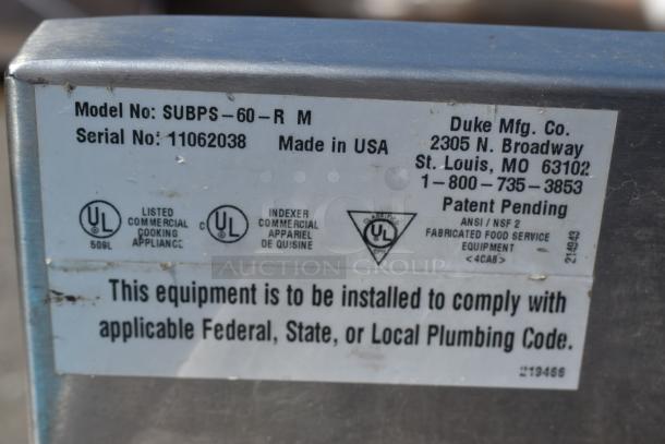 Duke SUBPS-60-RM Stainless Steel Commercial Counter w/ Sink Basin and 1 Door. - Image 6 of 6
