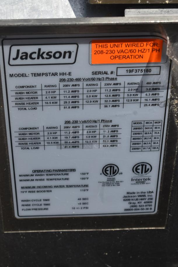 BRAND NEW SCRATCH AND DENT! 2019 Jackson TEMPSTAR HH-E Stainless Steel Commercial Straight Pass Through Dishwasher. 208/230 Volts, 1 Phase. - Image 7 of 8