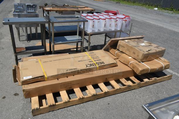 4 BRAND NEW SCRATCH AND DENT! Items Including 164VYBENCH96 Lancaster Table & Seating Vineyard 8' Barrel Brown Outdoor Folding Bench 12" x 96", 600DR2020 Regency 20" x 20" x 5" Drawer with Stainless Steel Front. 4 Times Your Bid! - Image 1 of 7