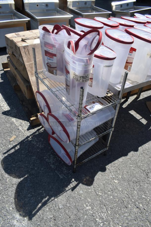 Chrome Finish 3 Tier Wire Shelving Unit w/ Rubbermaid Clear Poly Bins.  BUYER MUST DISMANTLE. PCI CANNOT DISMANTLE FOR SHIPPING. PLEASE CONSIDER FREIGHT CHARGES. - Image 3 of 5