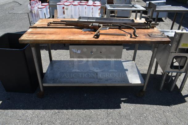 Butcher Block Table w/ Metal Under Shelf, Commercial Can Opener Mount, Drawer and Contents on Commercial Casters. - Image 1 of 8