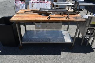 Butcher Block Table w/ Metal Under Shelf, Commercial Can Opener Mount, Drawer and Contents on Commercial Casters.