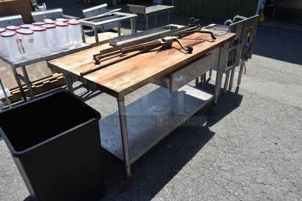 Butcher Block Table w/ Metal Under Shelf, Commercial Can Opener Mount, Drawer and Contents on Commercial Casters. - Image 2 of 8
