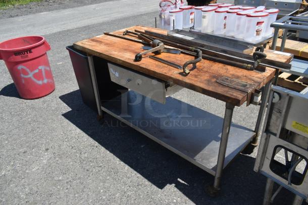 Butcher Block Table w/ Metal Under Shelf, Commercial Can Opener Mount, Drawer and Contents on Commercial Casters. - Image 3 of 8
