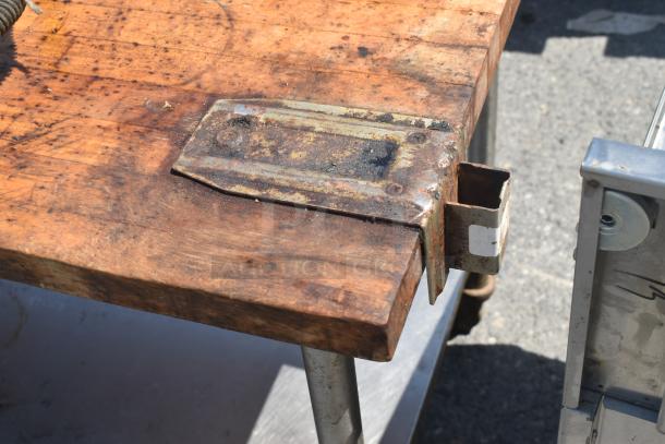 Butcher Block Table w/ Metal Under Shelf, Commercial Can Opener Mount, Drawer and Contents on Commercial Casters. - Image 4 of 8