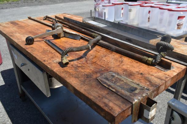 Butcher Block Table w/ Metal Under Shelf, Commercial Can Opener Mount, Drawer and Contents on Commercial Casters. - Image 5 of 8