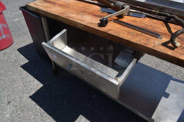 Butcher Block Table w/ Metal Under Shelf, Commercial Can Opener Mount, Drawer and Contents on Commercial Casters. - Image 8 of 8