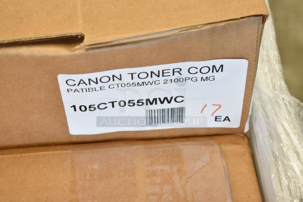 Four new Canon toner boxes labeled 105CT055MWC, showing minor scratches and dents.