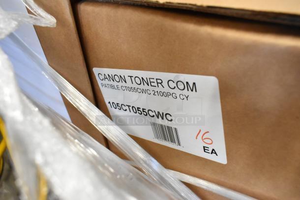 Four brand new Canon toner boxes, model 105CT055CWC. Scratch and dent condition, labeled for 2100 pages. Marked "16 EA".